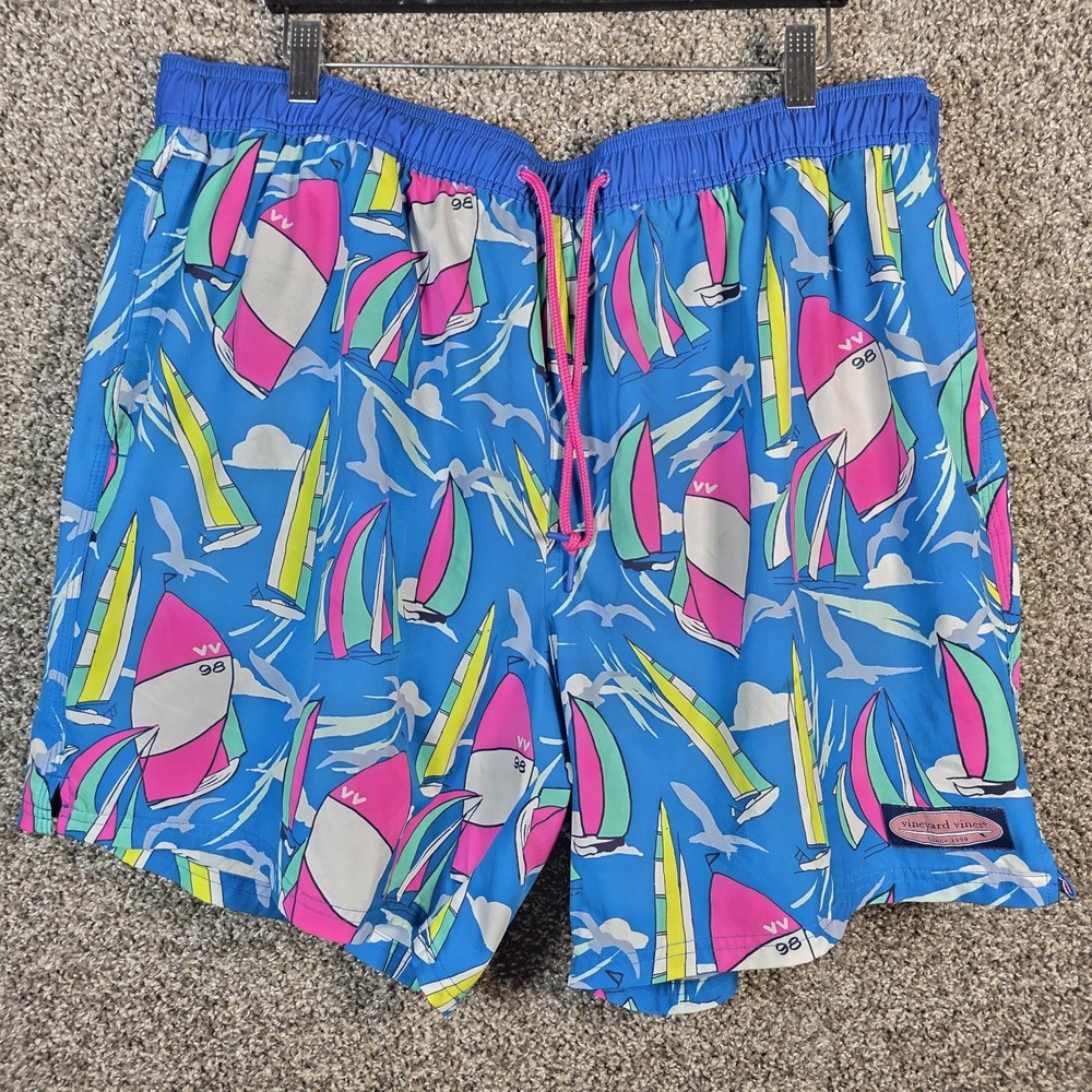 Vineyard Vines Mesh Lined Printed Chappy Swim Trunks Blue Sailing Sailboats XB